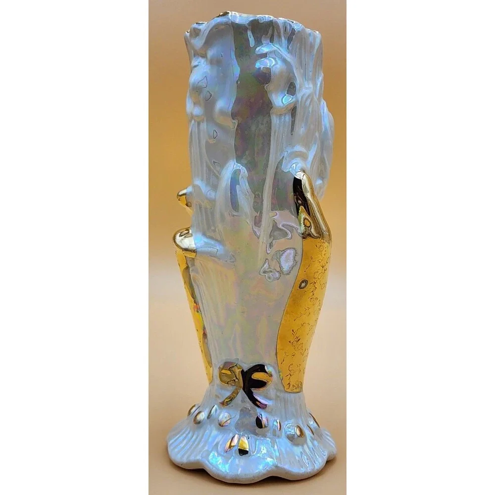 Vintage RARE 22K Gold Lace Glove Holding LUSTERWARE Opalescent Sculptured Vase